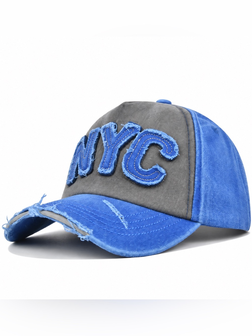 NYC Distressed Baseball Cap in Blue and Gray
